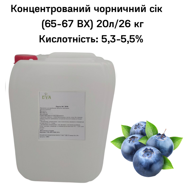 Концентрований чорничний сік (65-67 ВХ) каністра 20л/26 кг 0100022 фото