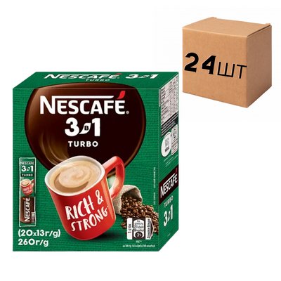 Ящик розчинної кави Nescafe "3 в 1" Turbo зелений, 20 стиків по 13 г (у ящику 24 уп) 0200420 фото