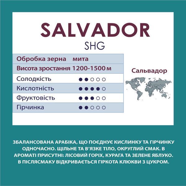 Сальвадор SHG, мелена кава, арабіка середнього обсмаження, вага 1 кг (фісташка, курага, зелене яблуко) 1300065 фото