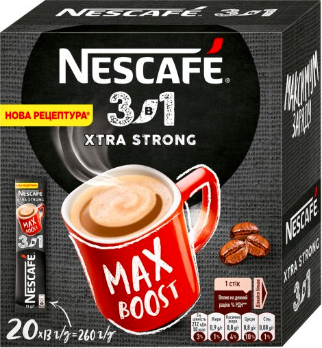 Ящик розчинної кави Nescafe "3 в 1" Xstra Strong, 20 стиків по 13 гр. (у ящику 24 упак.) 0200073 фото