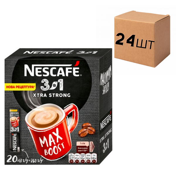 Ящик растворимого кофе Nescafe "3 в 1" Xstra Strong, 20 стиков по 13 гр. (в ящике 24 упак.) 0200073 фото